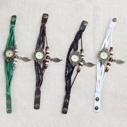 Women's Vintage Leather Wrap Bracelet Watch with Leaf Charm