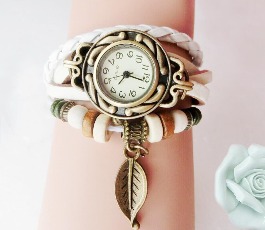 Women's Vintage Leather Wrap Bracelet Watch with Leaf Charm
