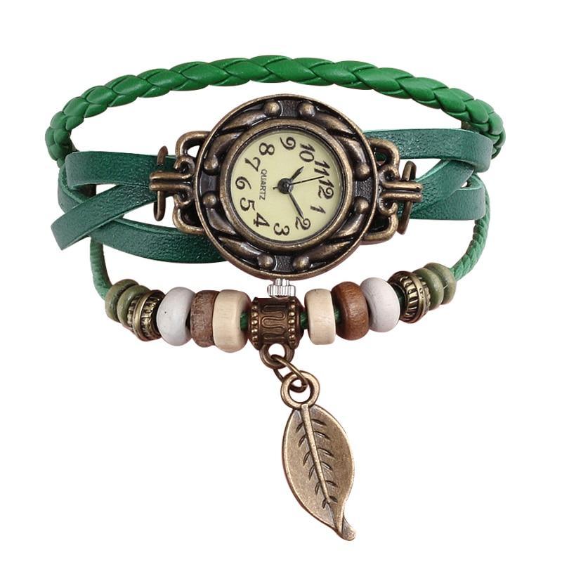 Women's Vintage Leather Wrap Bracelet Watch with Leaf Charm