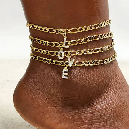 Mandotos Crystal A Z Letter Initial Anklets For Women Cuban Link Stainless Steel Beach Anklet
