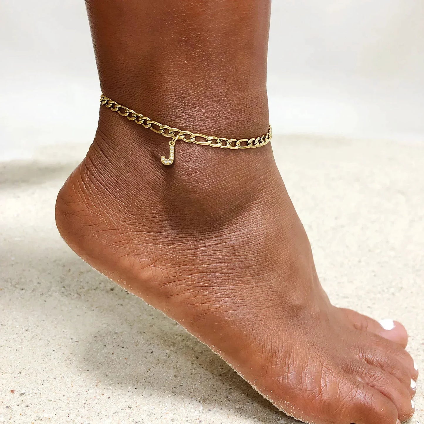 Mandotos Crystal A Z Letter Initial Anklets For Women Cuban Link Stainless Steel Beach Anklet