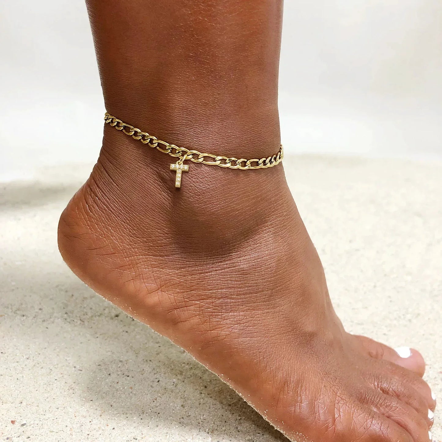Mandotos Crystal A Z Letter Initial Anklets For Women Cuban Link Stainless Steel Beach Anklet