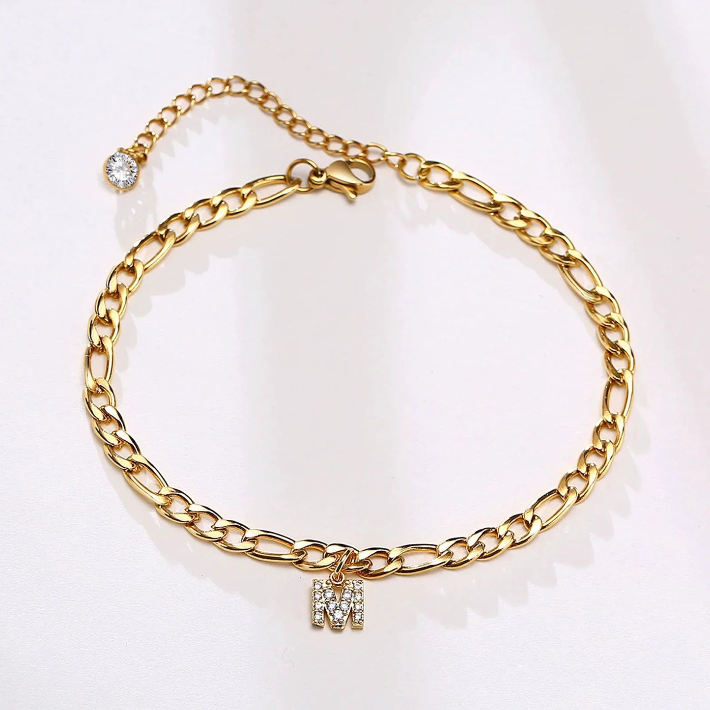 Mandotos Crystal A Z Letter Initial Anklets For Women Cuban Link Stainless Steel Beach Anklet