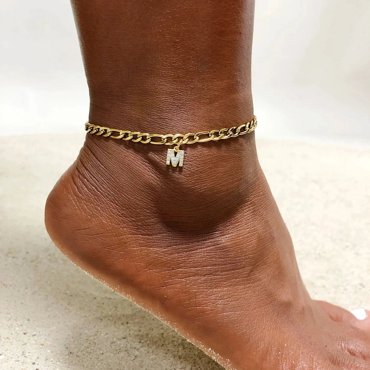 Mandotos Crystal A Z Letter Initial Anklets For Women Cuban Link Stainless Steel Beach Anklet