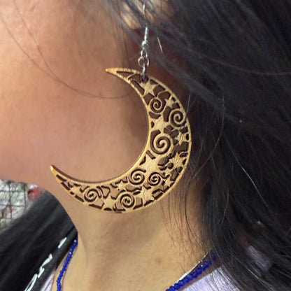 Crescent Moon Wooden Dangle Earrings | Celestial Filigree Jewelry