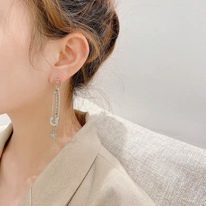 Asymmetrical Safety Pin Drop Earrings - Sterling Silver Posts