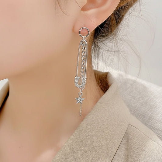 Asymmetrical Safety Pin Drop Earrings - Sterling Silver Posts