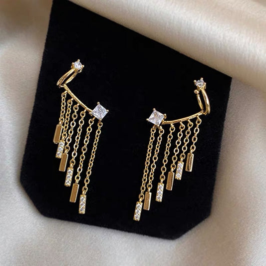 Gold Tassel Ear Cuff Earrings - Sterling Silver Posts