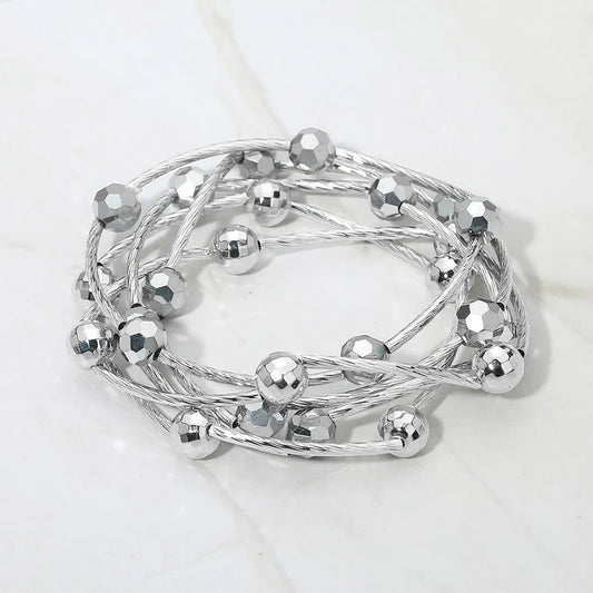 5PCS - Ball Metal Bar Beaded Stretch Multi Layered Bracelets