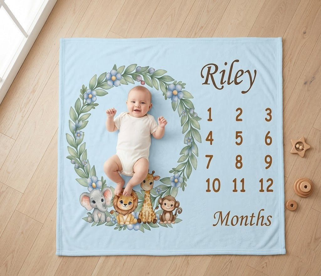 Personalized Baby Safari Milestone Blanket with Name | Lavender Pink, Light Blue & Cream | Custom Baby Gift