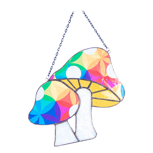 Psychedelic Mushrooms Stained Glass Suncatcher - 7" Colorful Design