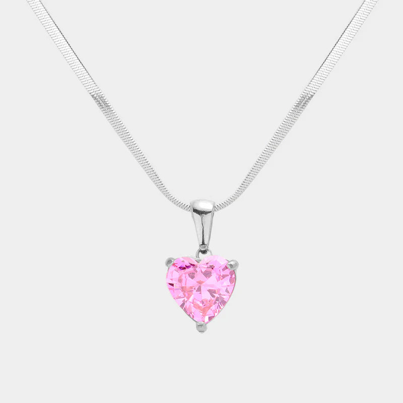 Stainless Steel CZ Heart Pendant Necklace
