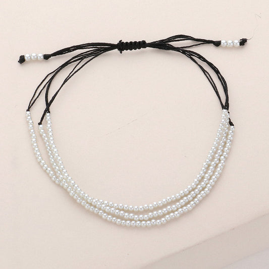 Seed Pearl Beaded Triple Layered Cinch Pull Tie Bracelet