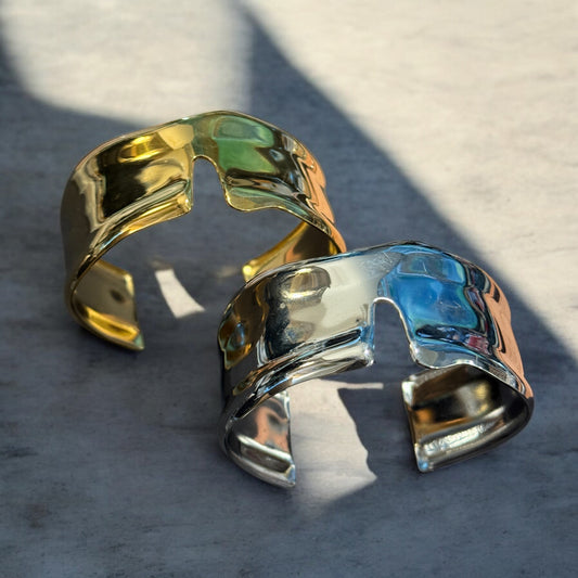 Waterproof Abstract Open Cuff Bracelet Polished Stainless Steel & 14k Gold PVD Plated Stainless Steel