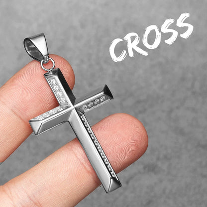 Simple Gemstone Cross Stainless Steel Men's Necklace Pendant Chain