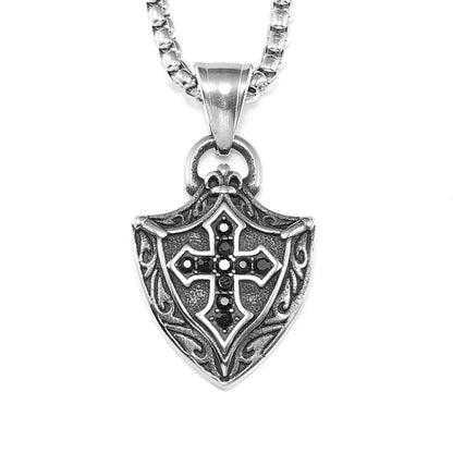 Cross Shield Amulets Gemstone Stainless Steel Men's Necklace Pendant Chain