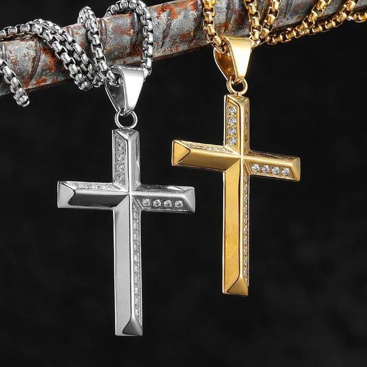 Simple Gemstone Cross Stainless Steel Men's Necklace Pendant Chain