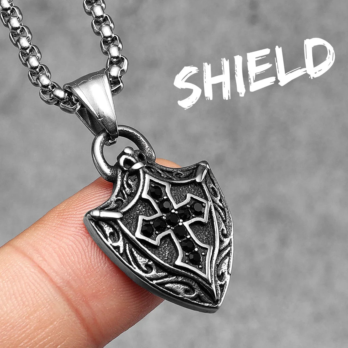 Cross Shield Amulets Gemstone Stainless Steel Men's Necklace Pendant Chain