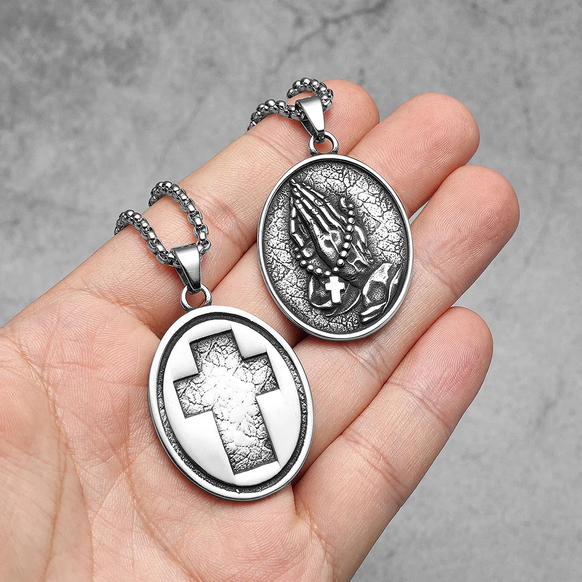 Cross Prayer Praying Hands Stainless Steel Men's Necklace Pendant Chain
