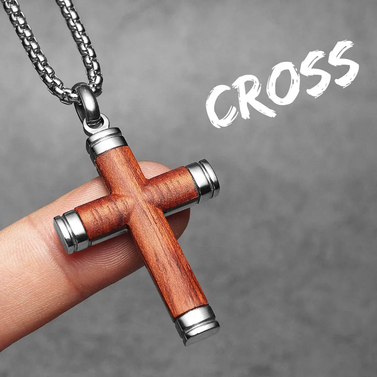 Wood Cross Exorcism Amulet Stainless Steel Men's Necklace Pendant Chain