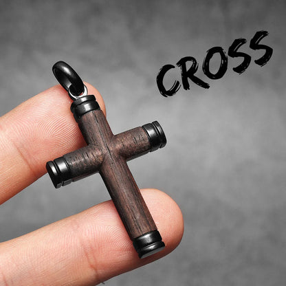 Wood Cross Exorcism Amulet Stainless Steel Men's Necklace Pendant Chain