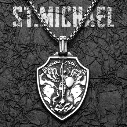 Archangel St.Michael Shield Amulet Stainless Steel Men's Necklace Pendant Chain