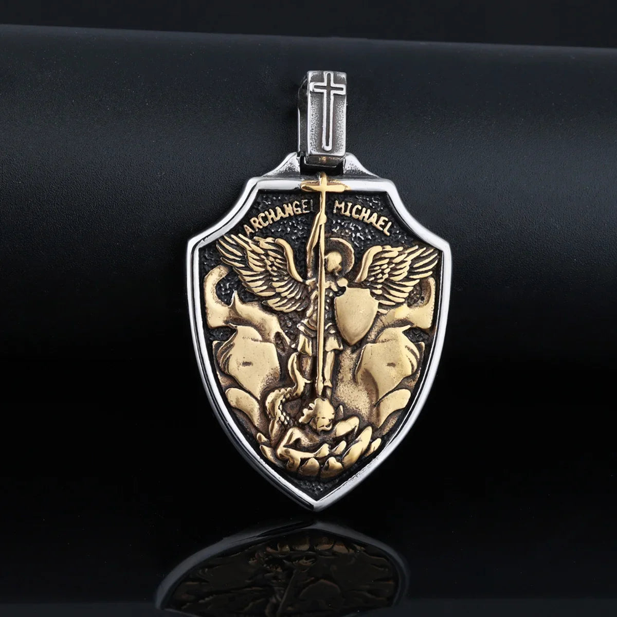 Archangel St.Michael Shield Amulet Stainless Steel Men's Necklace Pendant Chain