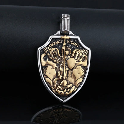 Archangel St.Michael Shield Amulet Stainless Steel Men's Necklace Pendant Chain