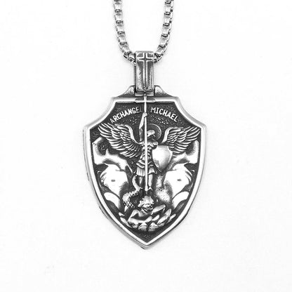 Archangel St.Michael Shield Amulet Stainless Steel Men's Necklace Pendant Chain