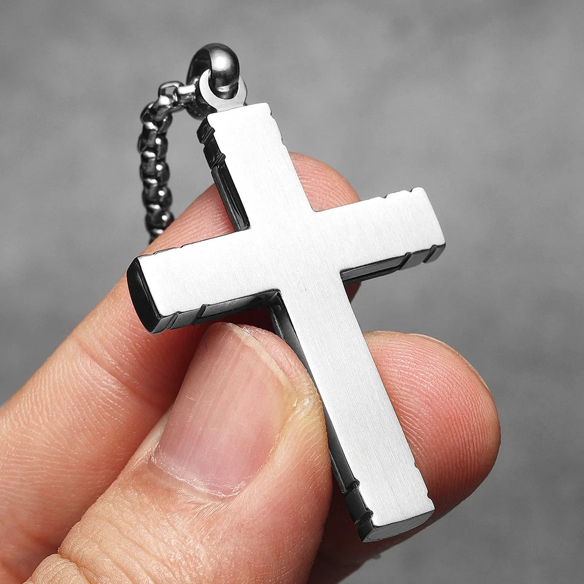 Wood Cross Exorcism Amulet Stainless Steel Men's Necklace Pendant Chain