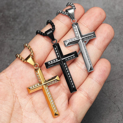 Simple Gemstone Cross Stainless Steel Men's Necklace Pendant Chain