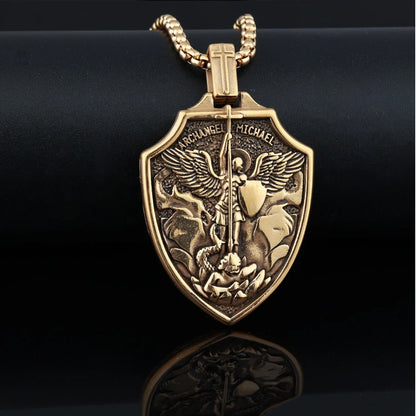 Archangel St.Michael Shield Amulet Stainless Steel Men's Necklace Pendant Chain