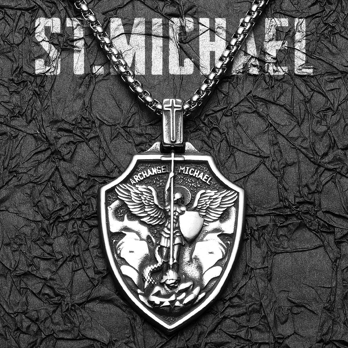Archangel St.Michael Shield Amulet Stainless Steel Men's Necklace Pendant Chain