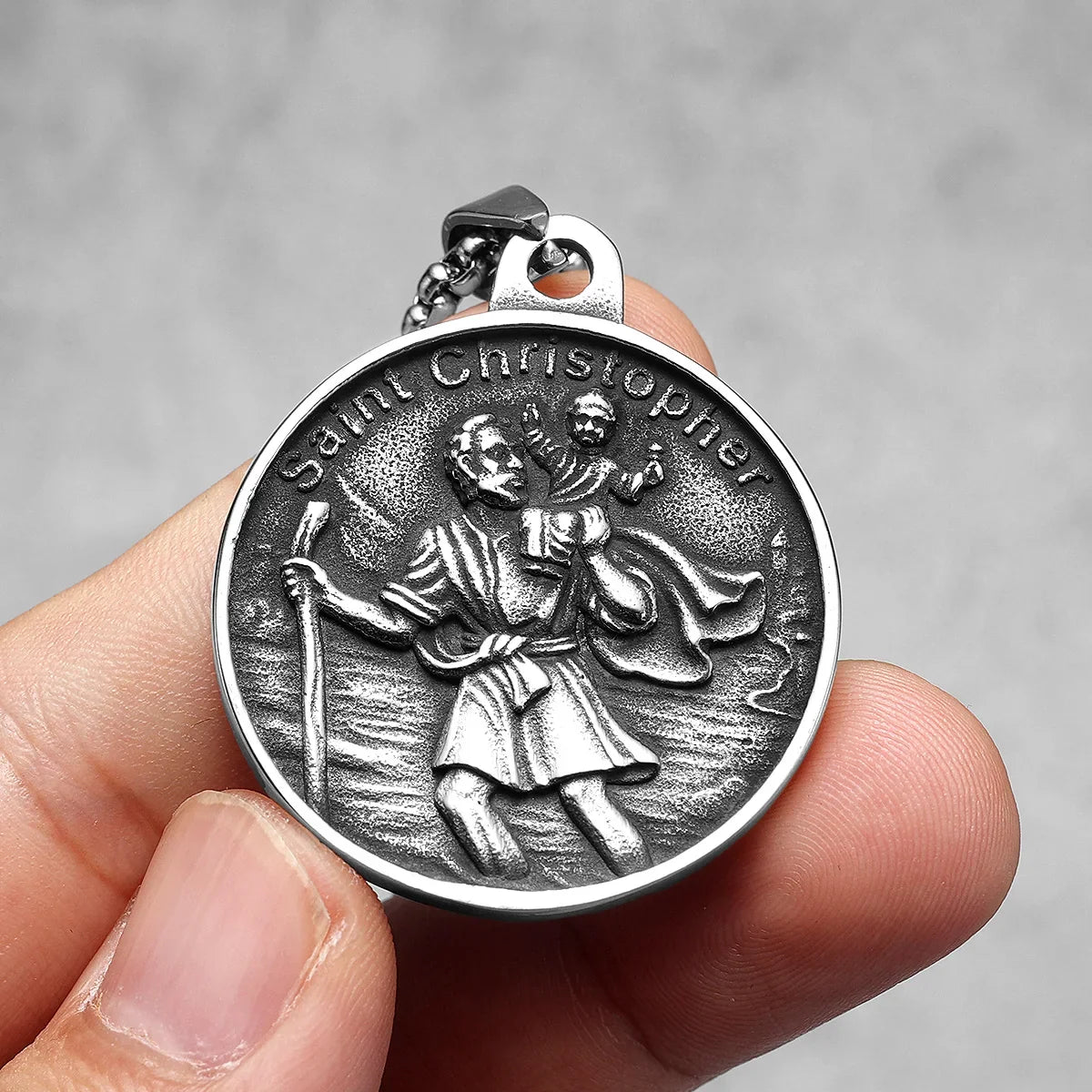 St.Christopher Exorcist Amulet Stainless Steel Men's Necklace Pendant Chain