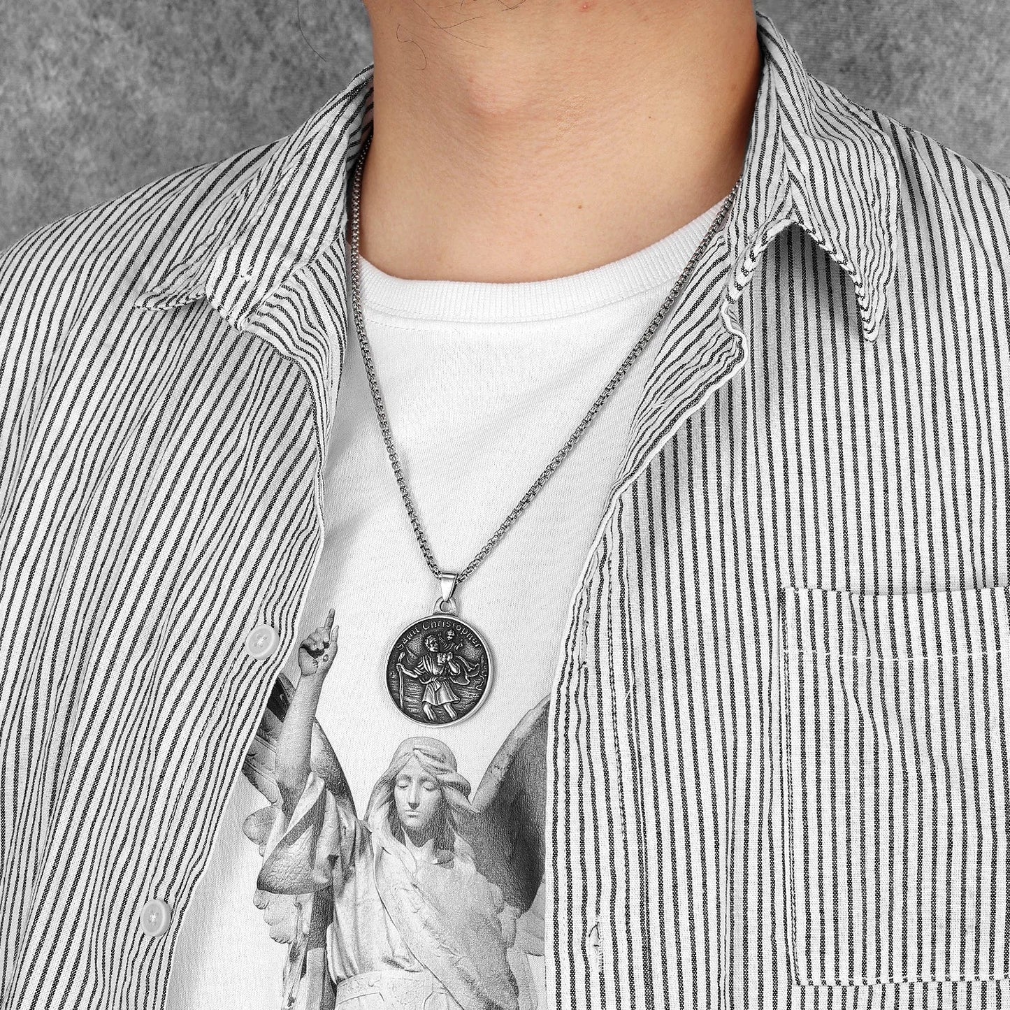 St.Christopher Exorcist Amulet Stainless Steel Men's Necklace Pendant Chain