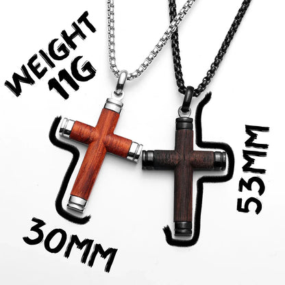 Wood Cross Exorcism Amulet Stainless Steel Men's Necklace Pendant Chain