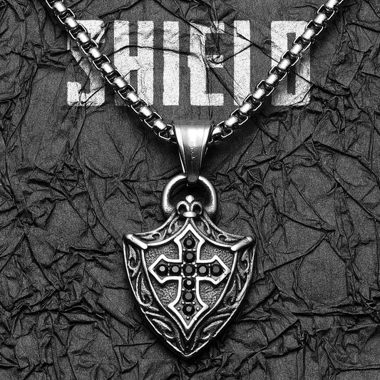 Cross Shield Amulets Gemstone Stainless Steel Men's Necklace Pendant Chain