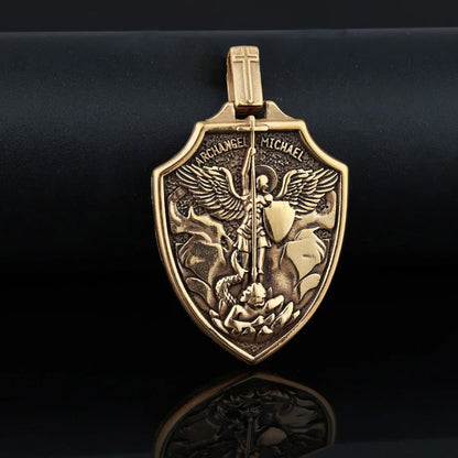 Archangel St.Michael Shield Amulet Stainless Steel Men's Necklace Pendant Chain