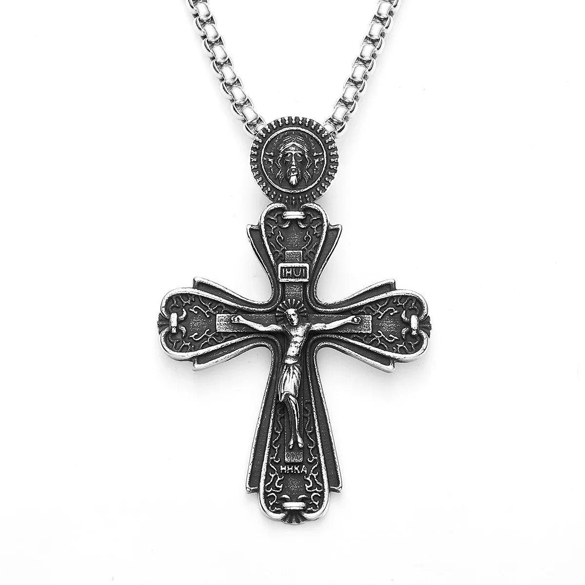 Retro Jesus Cross Amulet Stainless Steel Men's Pendant Necklace