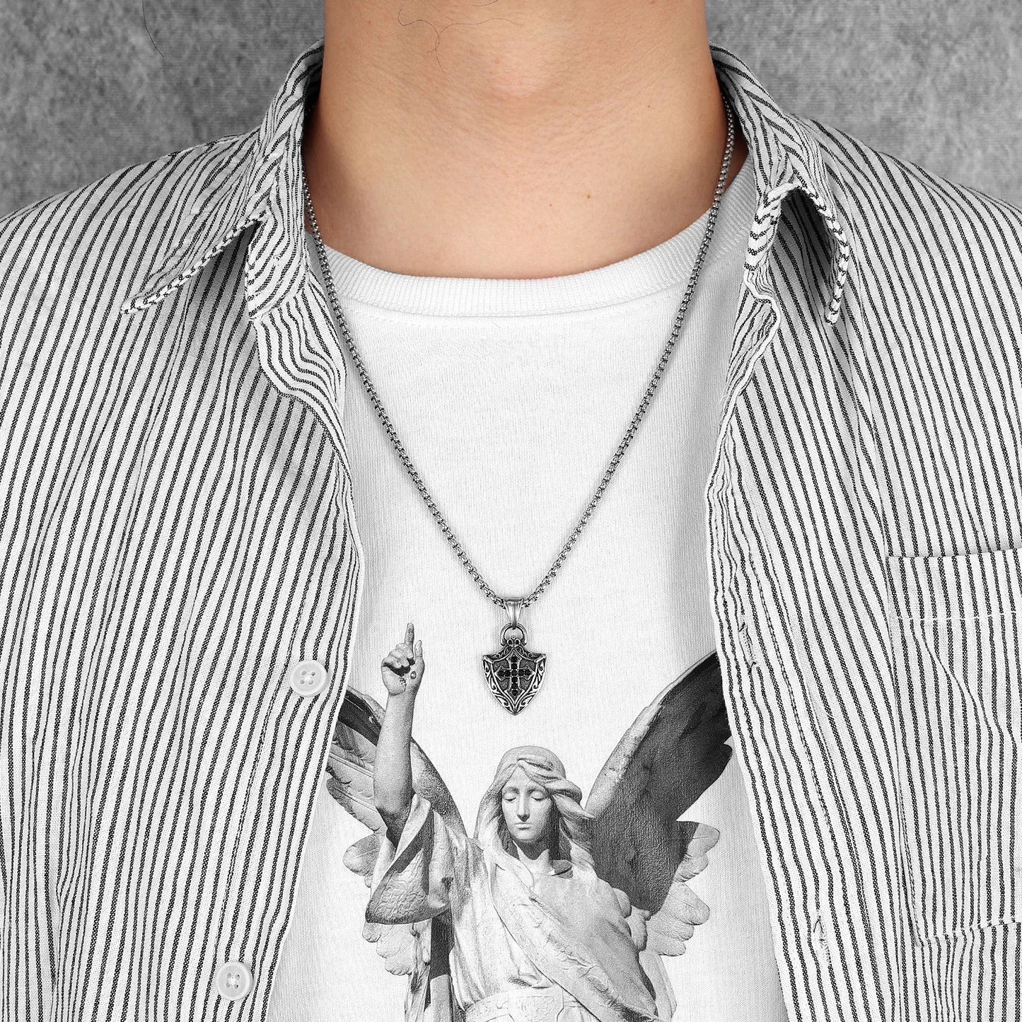 Cross Shield Amulets Gemstone Stainless Steel Men's Necklace Pendant Chain