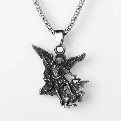Archangel St. Michael Defeating Satan Stainless Steel Pendant Men's Necklace