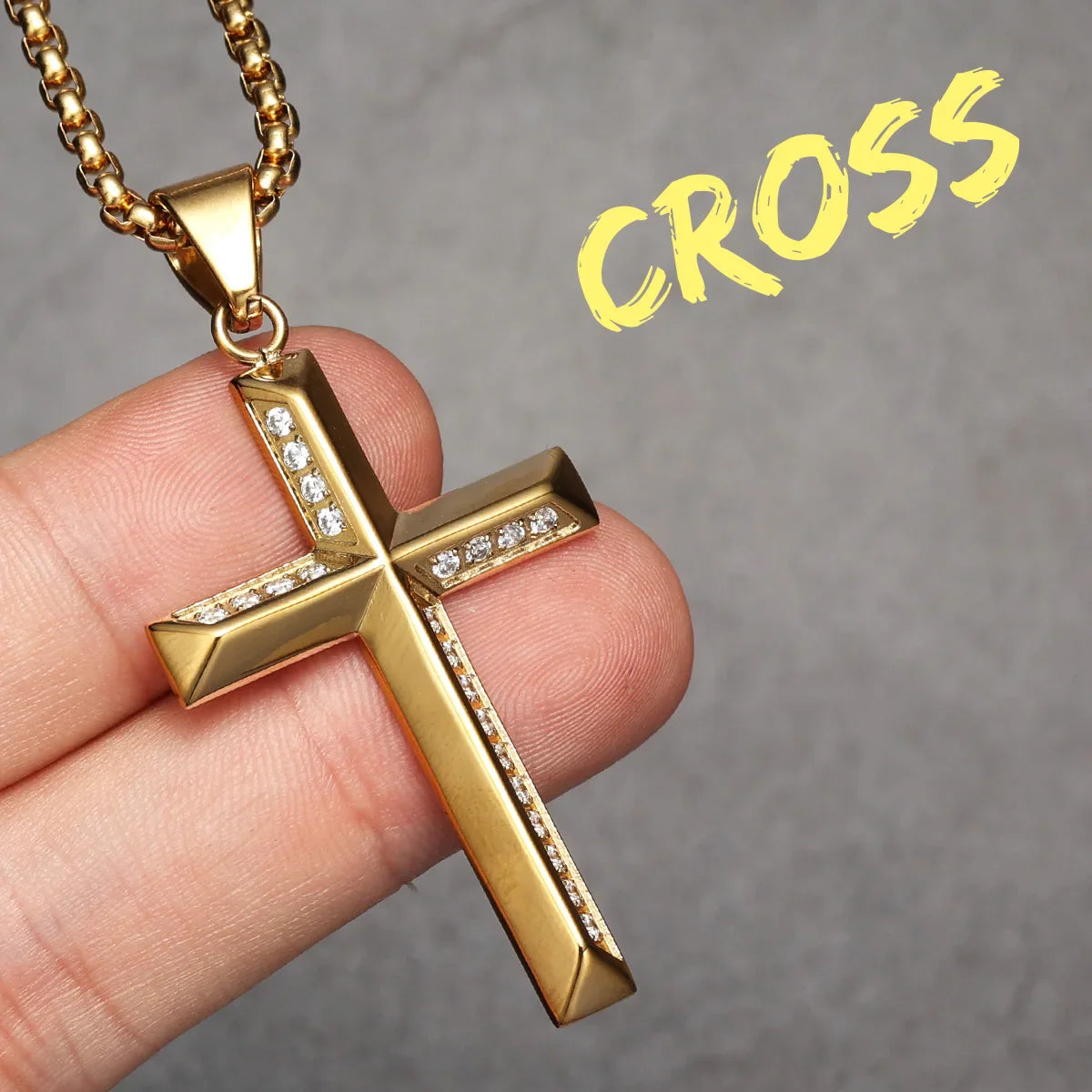 Simple Gemstone Cross Stainless Steel Men's Necklace Pendant Chain