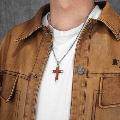 Wood Cross Exorcism Amulet Stainless Steel Men's Necklace Pendant Chain