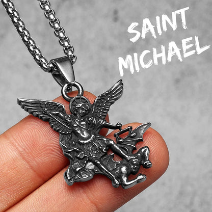 Archangel St. Michael Defeating Satan Stainless Steel Pendant Men's Necklace
