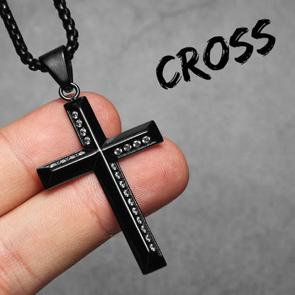 Simple Gemstone Cross Stainless Steel Men's Necklace Pendant Chain