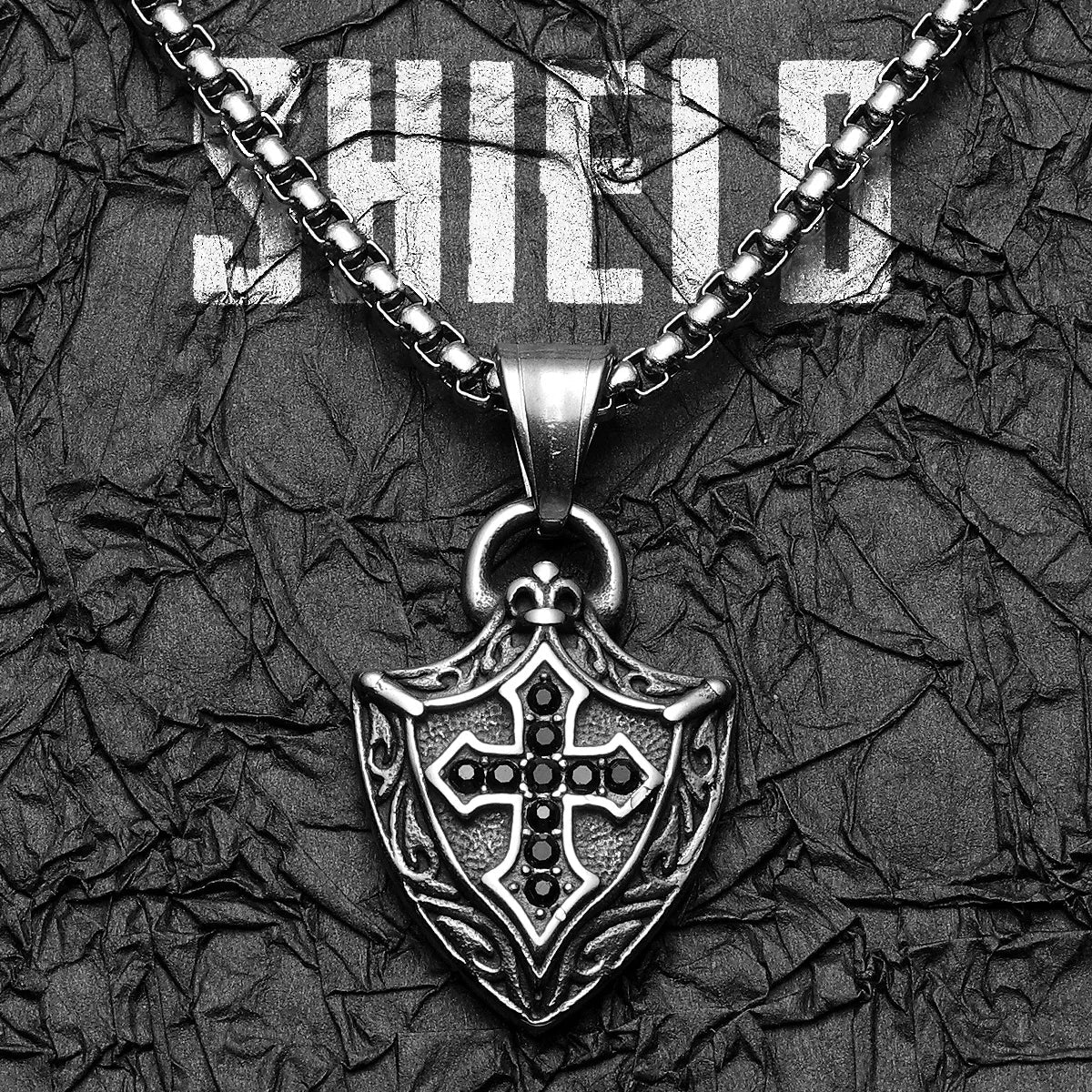 Cross Shield Amulets Gemstone Stainless Steel Men's Necklace Pendant Chain