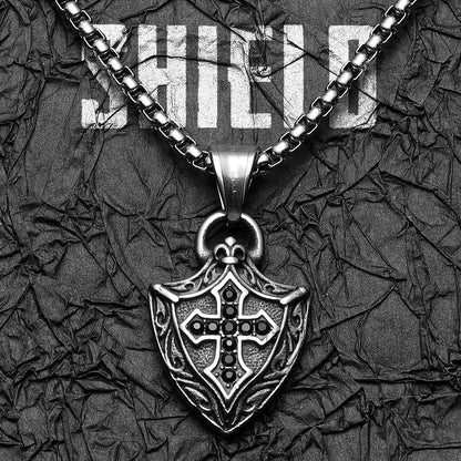 Cross Shield Amulets Gemstone Stainless Steel Men's Necklace Pendant Chain