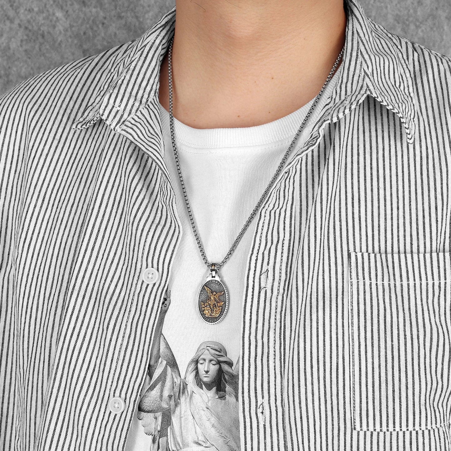 Archangel St.Michael Guardian Stainless Steel Men's Necklace Pendant Chain