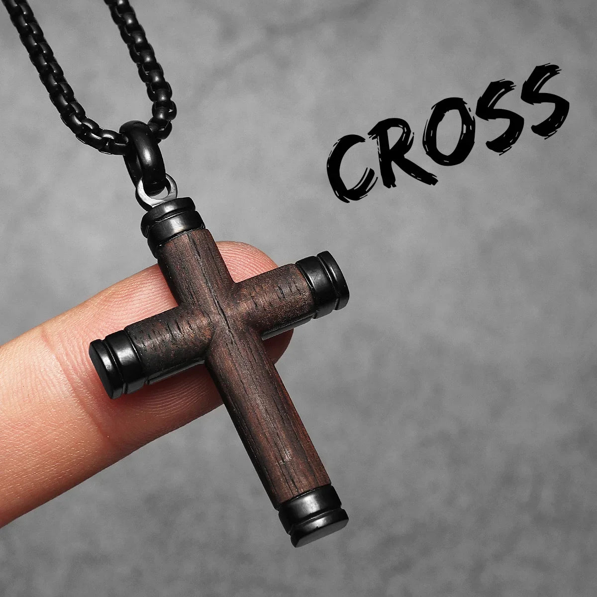Wood Cross Exorcism Amulet Stainless Steel Men's Necklace Pendant Chain