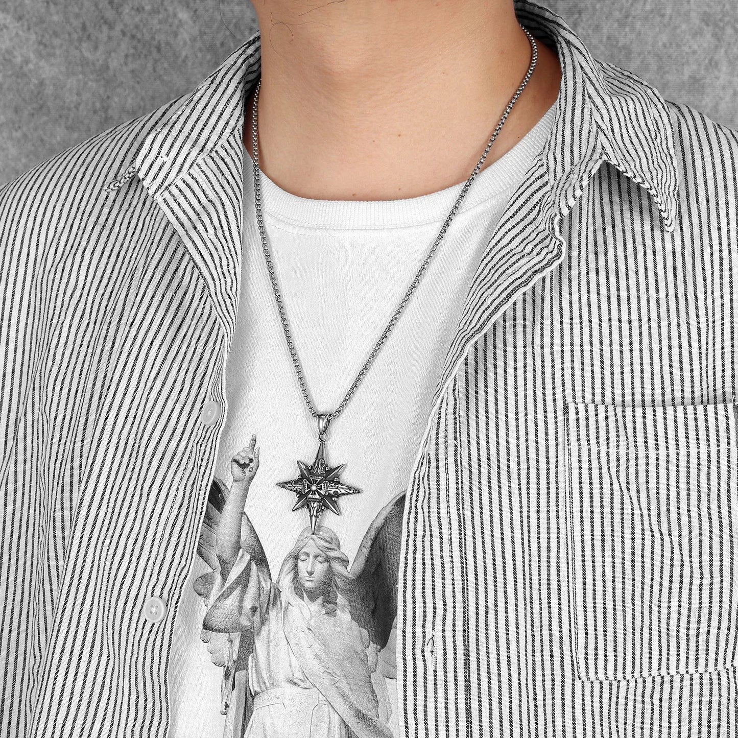 Simple Polar Star Compass Stainless Steel Men's Necklace Pendant Chain